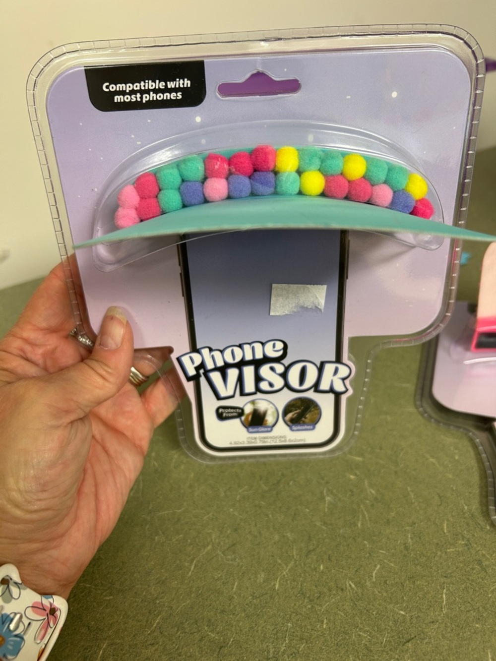 Pom-Pom Phone Grip & Sun Visor - Mint with Multicolor Pom Poms